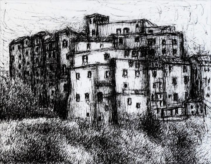 Рисунок под названием "Il borgo di Cascia-…" - Francesco Cagnato, Подлинное произведение искусства, Чернила