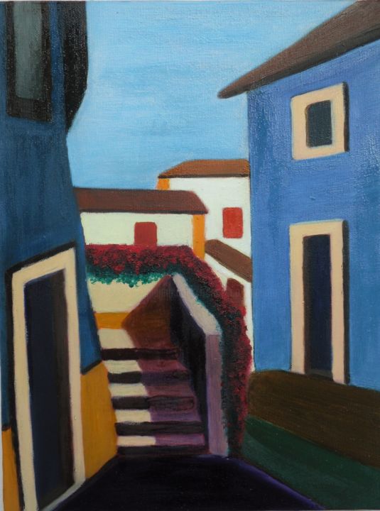 Painting titled "Una via di Obidos-A…" by Francesco Cagnato, Original Artwork, Oil