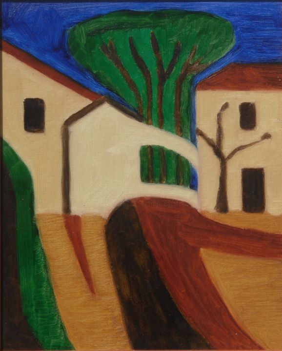 Painting titled "Case di campagna-Ho…" by Francesco Cagnato, Original Artwork, Oil Mounted on Cardboard