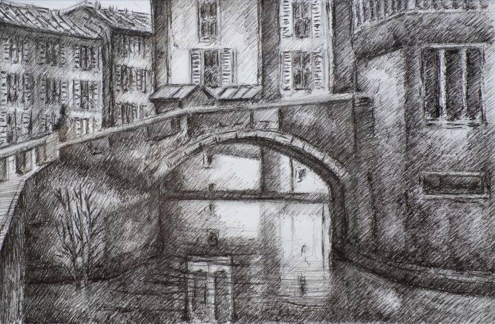 Drawing titled "I Navigli a Milano" by Francesco Cagnato, Original Artwork, Ballpoint pen Mounted on Cardboard
