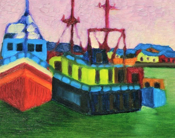 Peinture intitulée "Porto di Dingle-sera" par Francesco Cagnato, Œuvre d'art originale, Huile Monté sur Carton