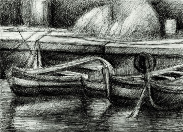 Desenho intitulada "Veduta del porto de…" por Francesco Cagnato, Obras de arte originais, Canetac de aerossol