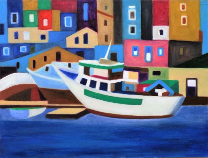 Painting titled "Il porto di Sciacca…" by Francesco Cagnato, Original Artwork, Oil Mounted on Wood Stretcher frame