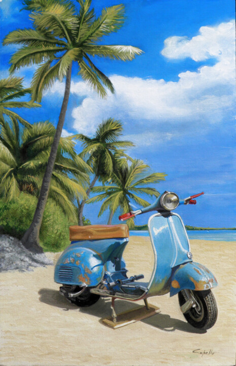 Painting titled "VESPA IN SPIAGGIA" by Francesco Capello, Original Artwork, Oil Mounted on Cardboard