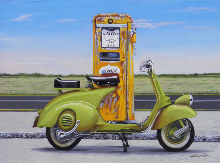 Painting titled "VESPA VERDE CON GAS…" by Francesco Capello, Original Artwork, Oil Mounted on Other rigid panel