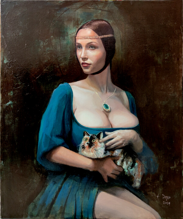 Malarstwo zatytułowany „Dama con gattina” autorstwa Francesco Dezio, Oryginalna praca, Olej