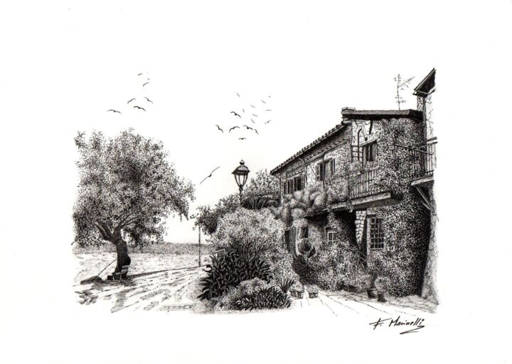 Drawing titled "peaceful place" by Francesco Marinelli, Original Artwork, Ink