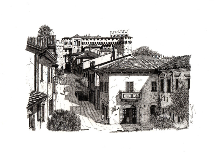 Desenho intitulada "French village" por Francesco Marinelli, Obras de arte originais, Tinta