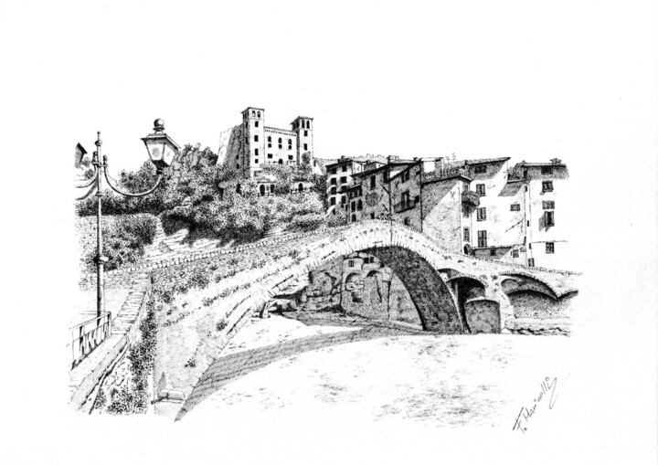 Peinture intitulée "The old bridge" par Francesco Marinelli, Œuvre d'art originale, Encre
