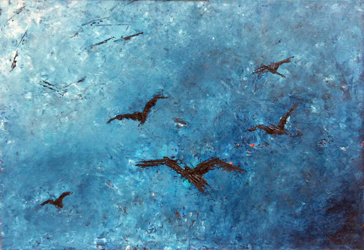 Painting titled "Volo di corvi" by Francesco Fiorido, Original Artwork, Oil Mounted on Wood Panel