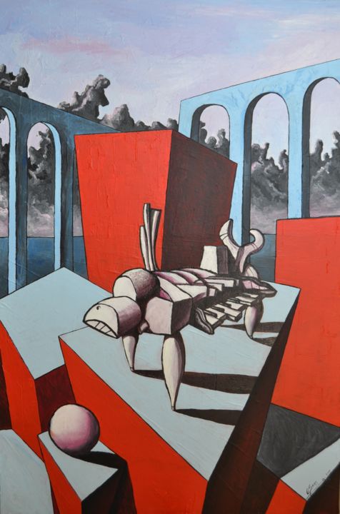 Painting titled "Il Toro ha un Piano…" by Oscar Francescutto, Original Artwork, Acrylic Mounted on Wood Stretcher frame