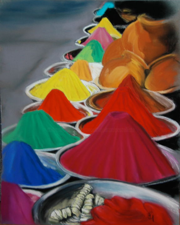 Drawing titled "Pigments à Mysore" by Francette Guittard, Original Artwork, Pastel