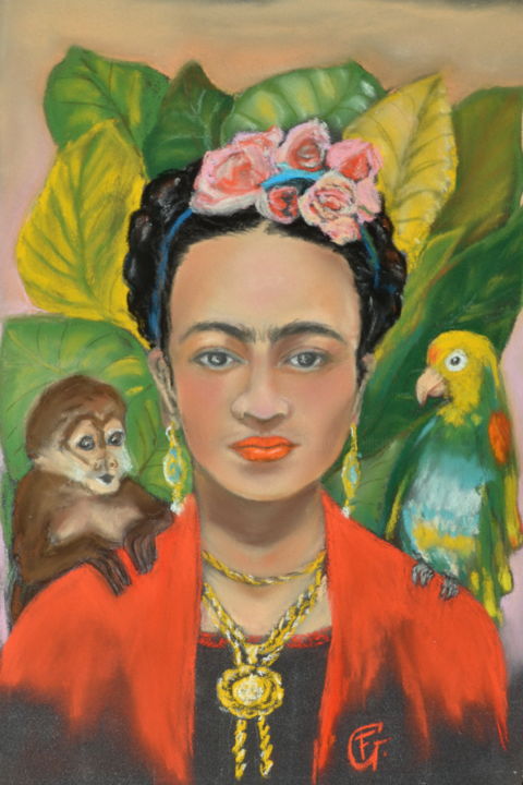 Dessin intitulée "Frida et ses amis" par Francette Guittard, Œuvre d'art originale, Pastel