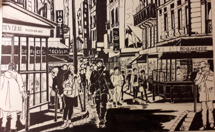 Drawing titled "La rue Mouffetard" by Francine Bois, Original Artwork, Ink