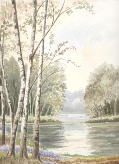 Painting titled "le lac en forêt" by Francine Lallemand Van De Walle, Original Artwork