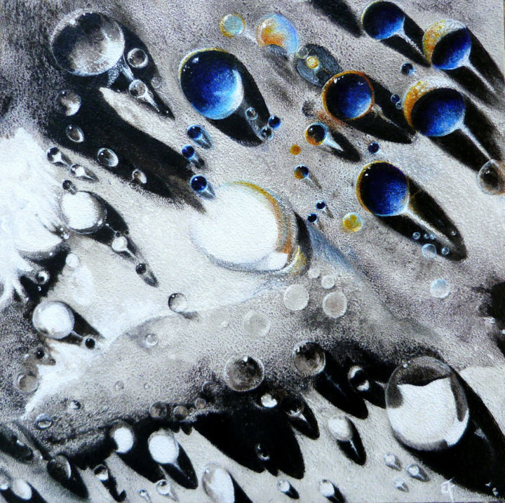 Schilderij getiteld "cosmic-blue-drops.j…" door Francine Quié, Origineel Kunstwerk, Acryl