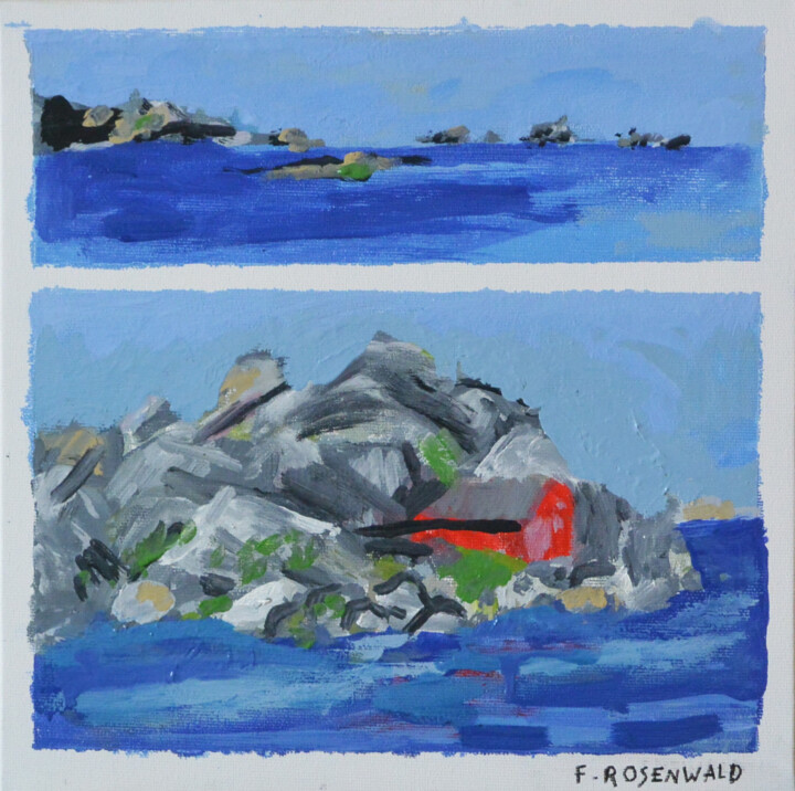 Painting titled "Mer bleue maison ro…" by Francine Rosenwald : Parcours Artistique, Original Artwork, Oil