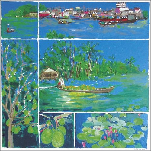Painting titled "fleuve vert et bleu" by Francine Rosenwald : Parcours Artistique, Original Artwork