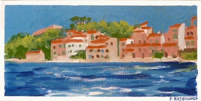 Painting titled "Village et mer" by Francine Rosenwald : Parcours Artistique, Original Artwork