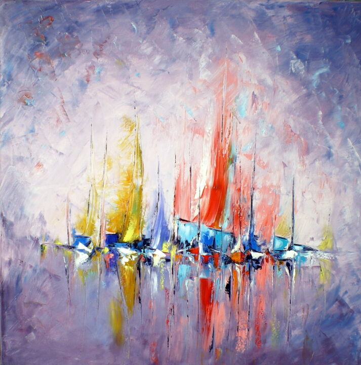 Pintura titulada "flottille-colorée" por Francis Jalibert, Obra de arte original, Oleo Montado en Bastidor de camilla de mad…