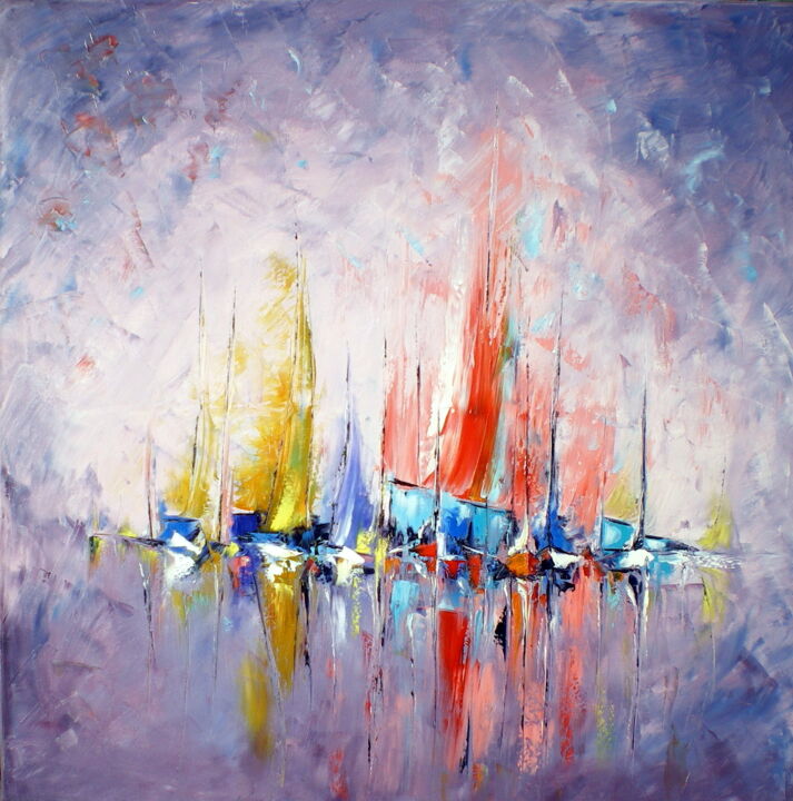 Painting titled "flottille-colorée" by Francis Jalibert, Original Artwork, Oil Mounted on Wood Stretcher frame