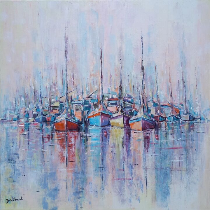 Painting titled "Harmonie portuaire" by Francis Jalibert, Original Artwork, Oil Mounted on Wood Stretcher frame