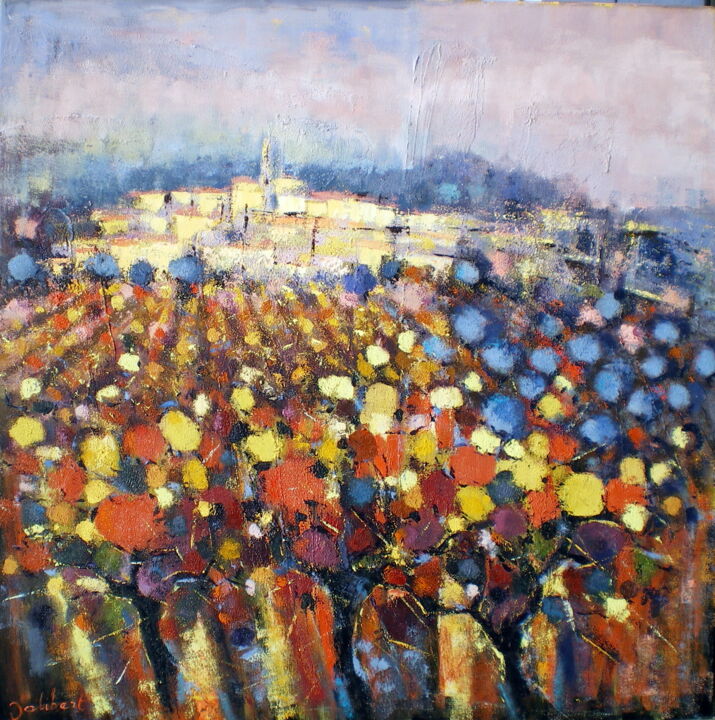 Painting titled "Vignoble Audois" by Francis Jalibert, Original Artwork, Oil Mounted on Wood Stretcher frame