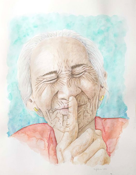 Painting titled "Old lady" by Maria Francisca Falcão, Original Artwork, Watercolor