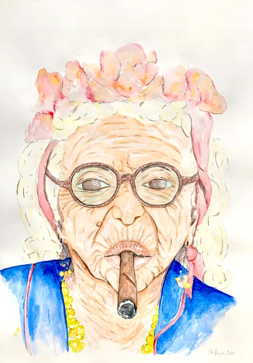 Painting titled "Fancy old cuban wom…" by Maria Francisca Falcão, Original Artwork, Watercolor