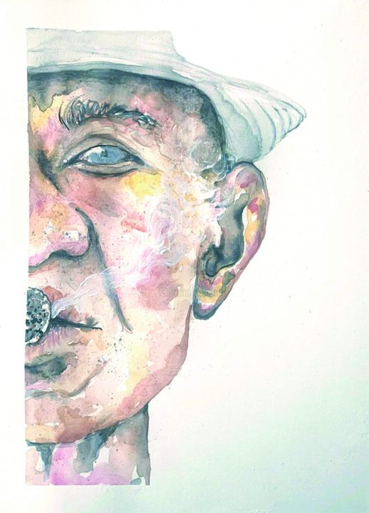 Painting titled "The smoker" by Maria Francisca Falcão, Original Artwork, Watercolor