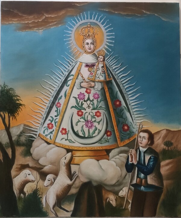 Painting titled "Virgen de Cortes" by Francisco F, Original Artwork, Oil Mounted on Wood Stretcher frame
