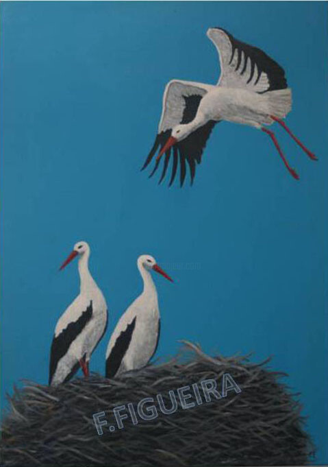 Schilderij getiteld "Storks" door Francisco Figueira, Origineel Kunstwerk, Olie