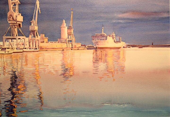 Pintura titulada "Ocaso en el puerto…" por Francisco Molina Balderas, Obra de arte original, Acuarela