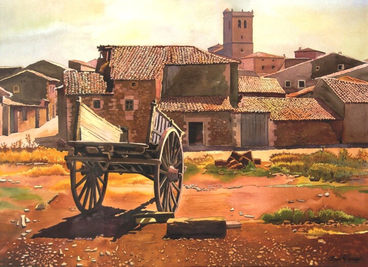 Schilderij getiteld "La siesta del carro" door Francisco Molina Balderas, Origineel Kunstwerk, Aquarel