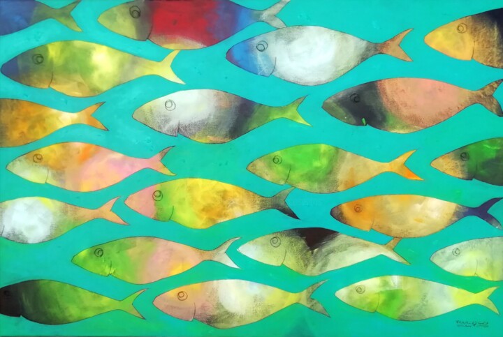 Painting titled "Sardines" by Francisco Santos, Original Artwork, Acrylic