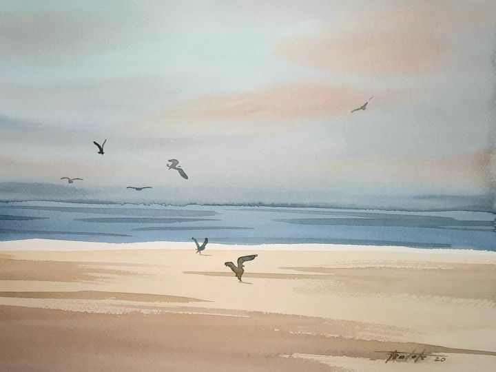 Painting titled "Beach" by Francisco Cadete, Original Artwork, Watercolor