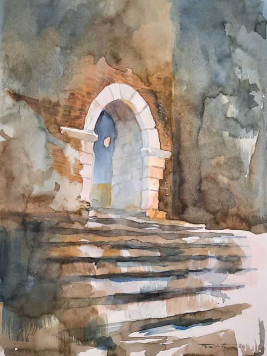 Pintura intitulada "Porta do Arrabalde" por Francisco Cadete, Obras de arte originais, Aquarela