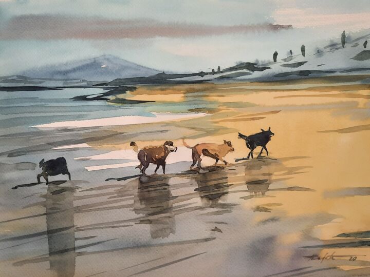 Painting titled "Cães" by Francisco Cadete, Original Artwork, Watercolor