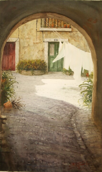 Pintura intitulada "Pátio do carrasco" por Francisco Salgado Dias, Obras de arte originais, Aquarela