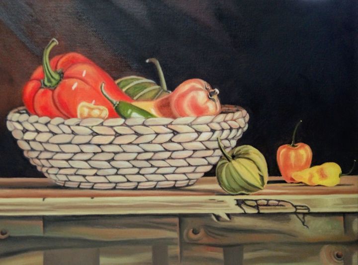 Peinture intitulée "Cesto de Legumes" par Francisco Torres, Œuvre d'art originale, Huile