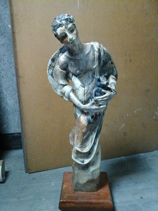 Sculpture titled "Homme Au Chat" by Francis Farmer, Original Artwork, Terra cotta