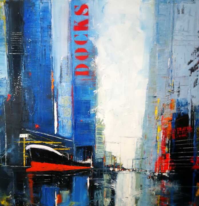 Painting titled "Docks blue" by Francis L'Huillier, Original Artwork, Oil Mounted on Wood Stretcher frame