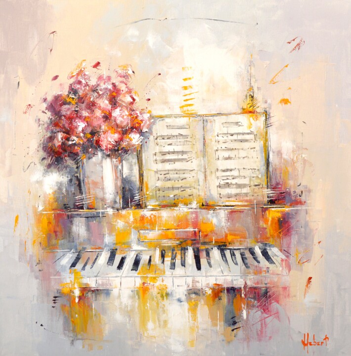 Peinture intitulée "Piano et fleurs" par Franck Hebert, Œuvre d'art originale