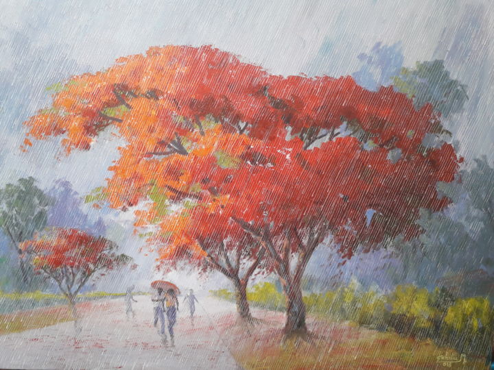 Painting titled "LA PLUIE SOUS LE FL…" by Franck Katshunga, Original Art,