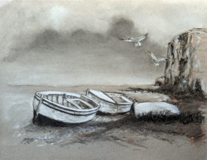 Dessin intitulée "Bateaux sur côte" par Franck Sanz, Œuvre d'art originale, Fusain