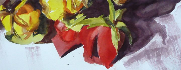 Painting titled "Roses jaune et rouge" by Franck Le Boulicaut, Original Artwork, Watercolor