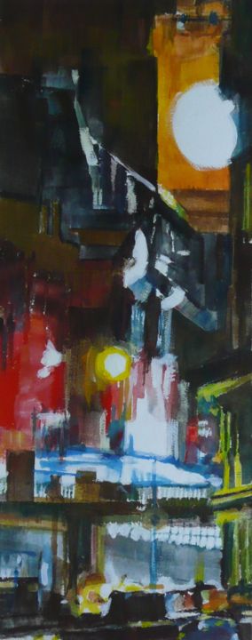 Painting titled "Gare de Lune" by Franck Le Boulicaut, Original Artwork, Gouache