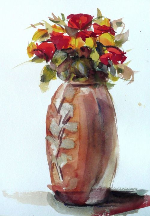 Painting titled "Le pot aux roses" by Franck Le Boulicaut, Original Artwork, Watercolor