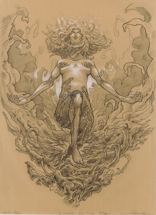 Dessin intitulée "Goddess In The Fog" par Franck Renaud, Œuvre d'art originale, Crayon