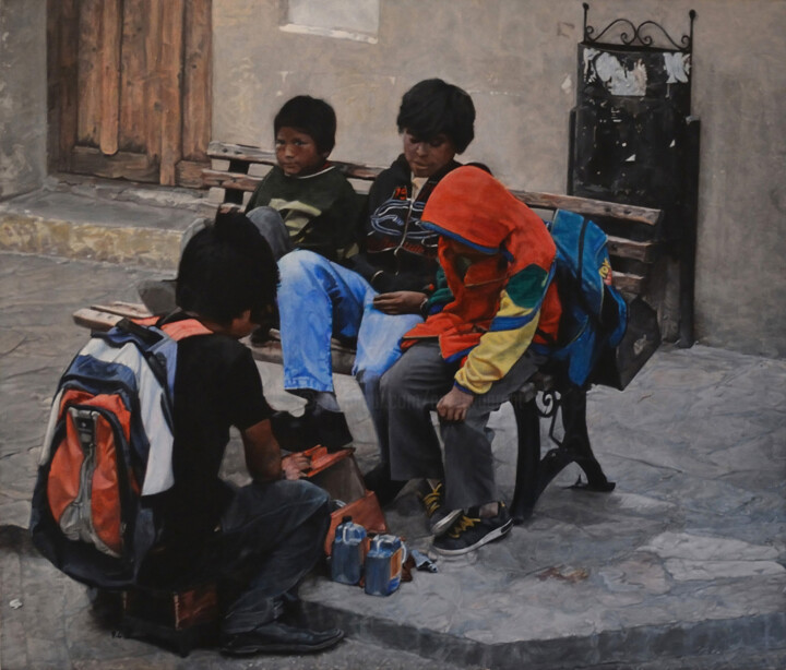 Painting titled "les petits cireurs…" by François Chevalier, Original Artwork, Acrylic